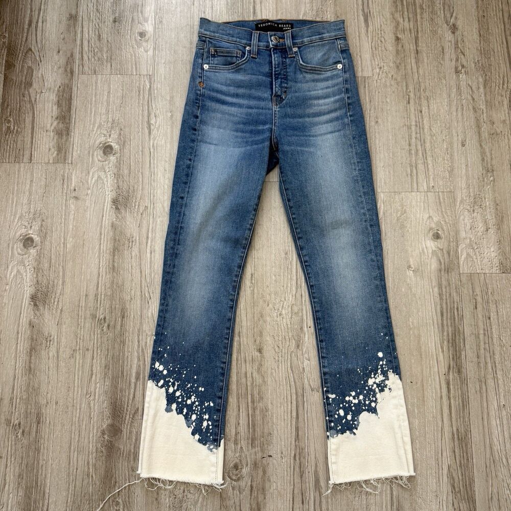 Veronica Beard Carly Kick Flare Jeans Bleach Splatter Dip Dye Raw Hem Size 24